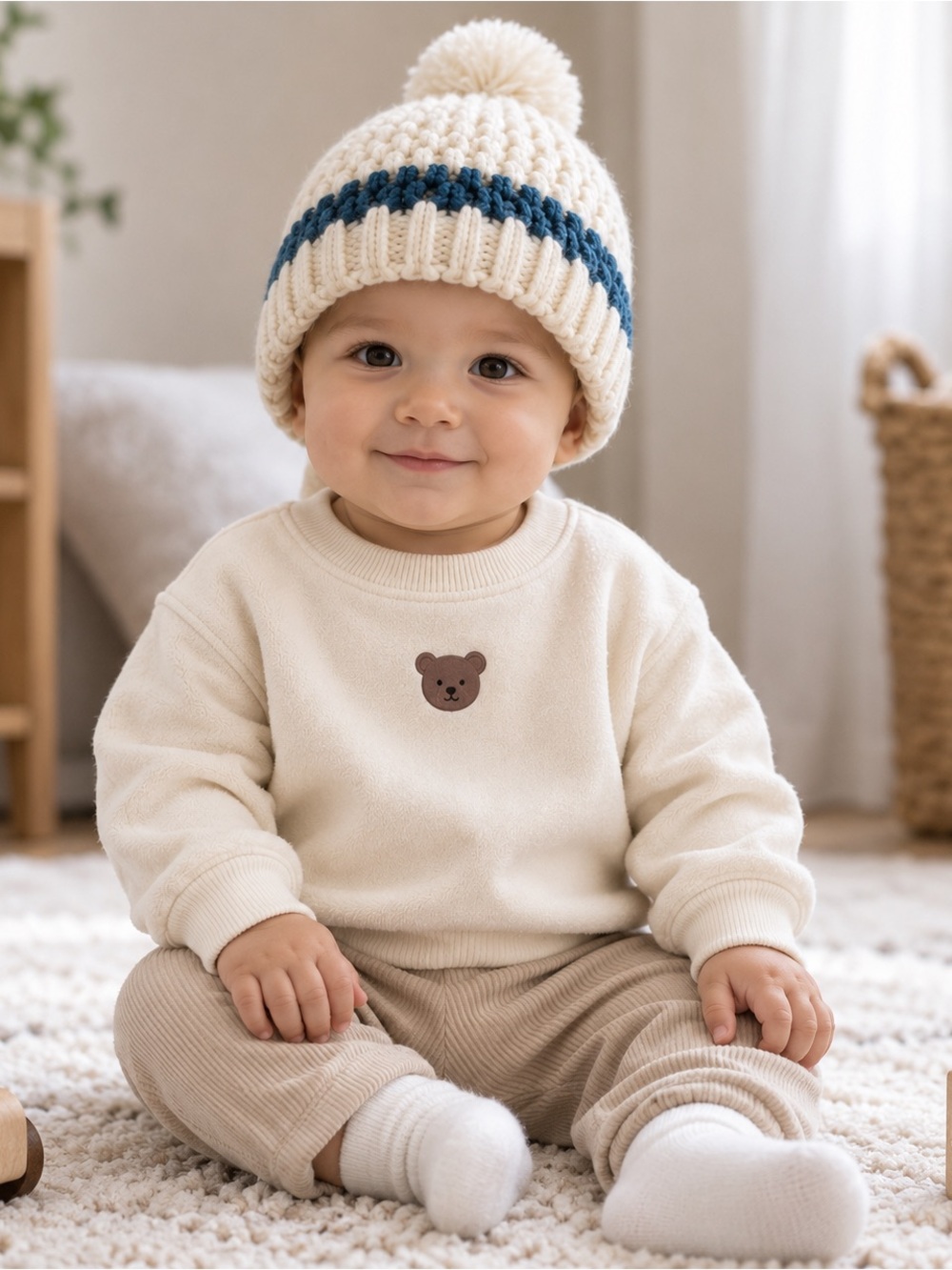 Target Kids Cream & Navy Knit Pom-Pom Beanie Size 0-6m